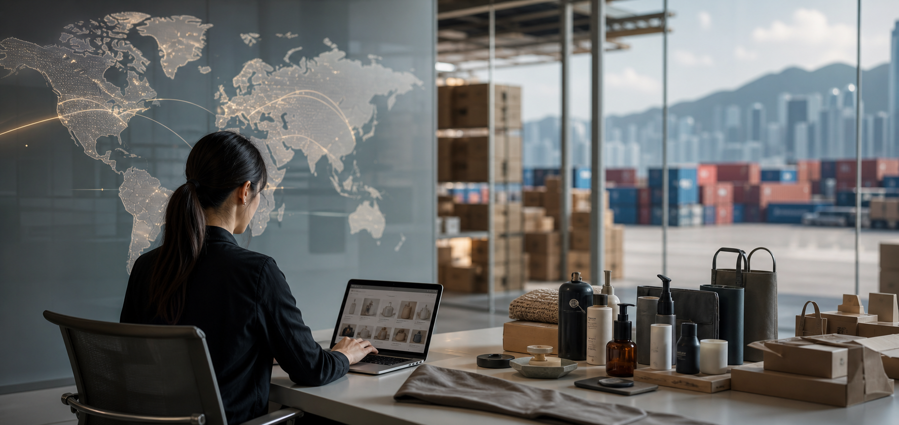 Global commerce operations with product samples and logistics backdrop